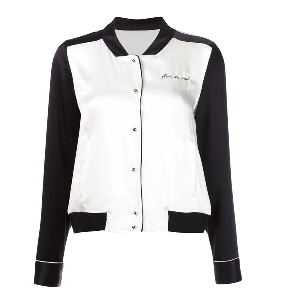 Fleur du Mal Silk PJ Bomber Jacket Women's Black Cream Embellished Size M